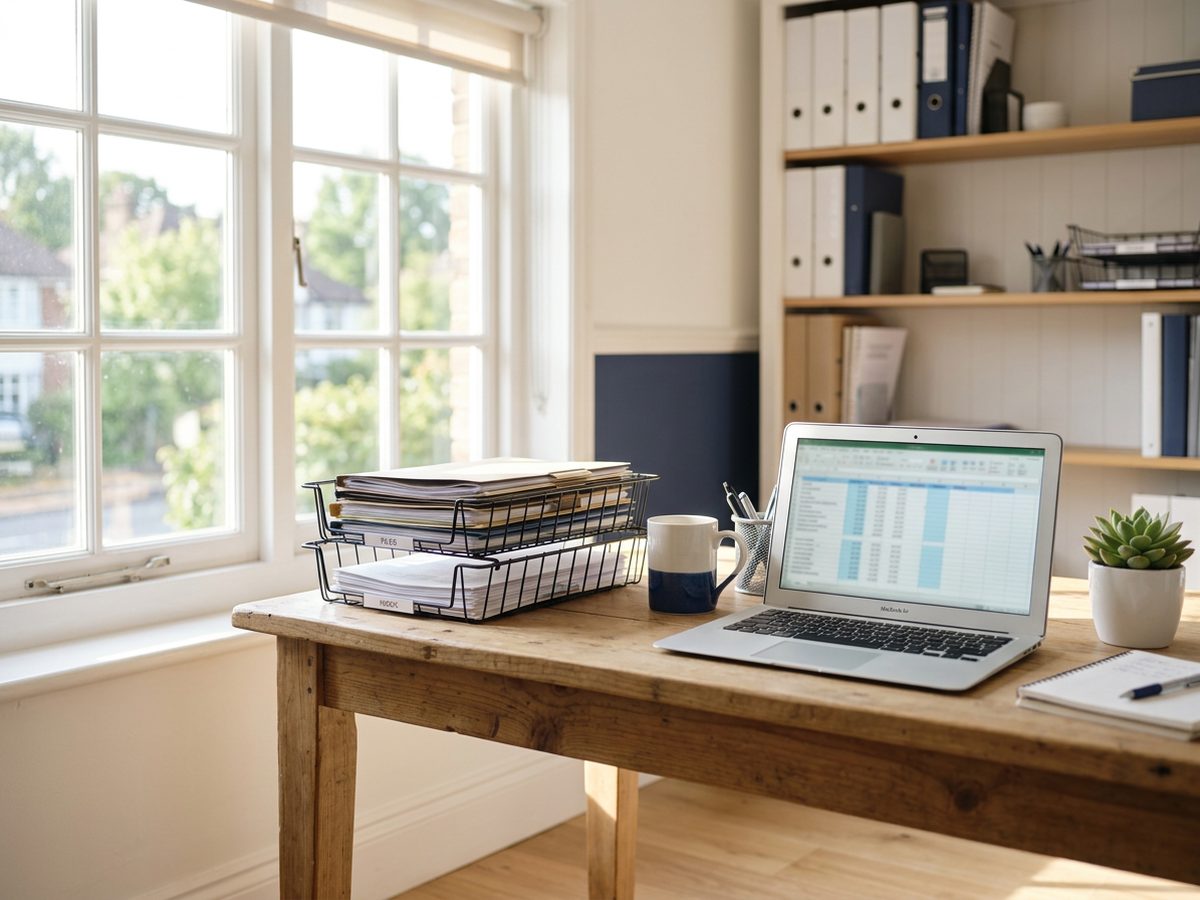 A bright back office with paper documents stacked in wire trays beside a laptop showing a spreadsheet