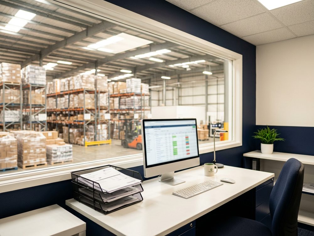 A warehouse office with order printouts in wire trays beside a monitor showing an inventory grid, racking behind the window