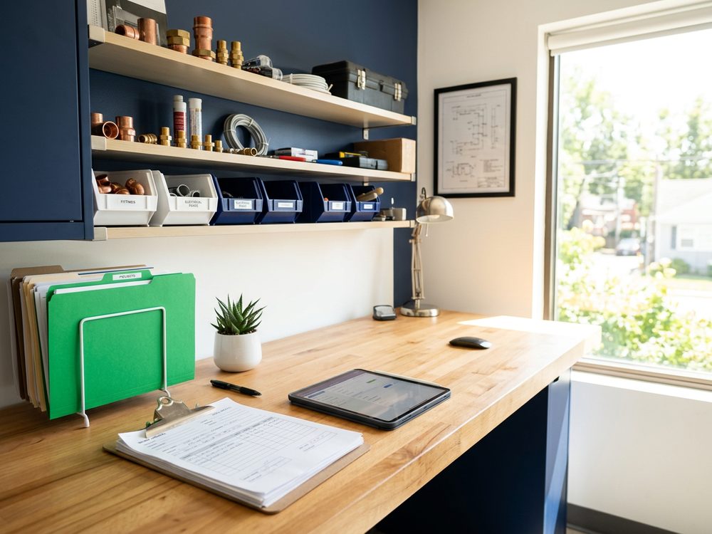 A service shop workbench with a work order on a clipboard, a tablet, and labeled parts bins on the wall