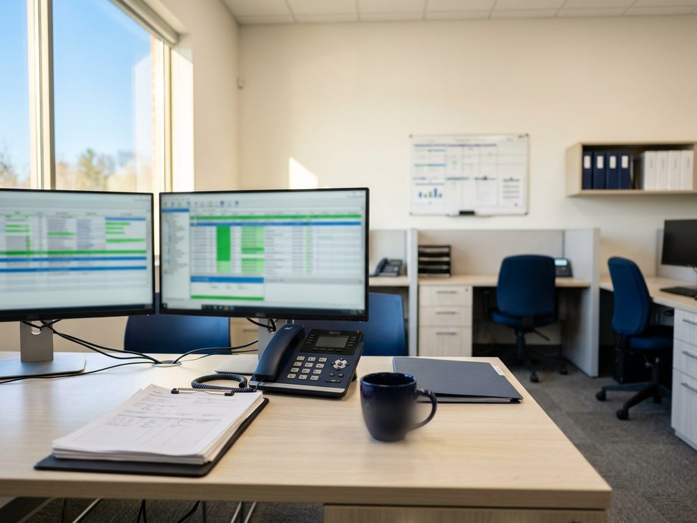 A dispatch desk with carrier paperwork on a clipboard, two monitors showing load boards, and a phone