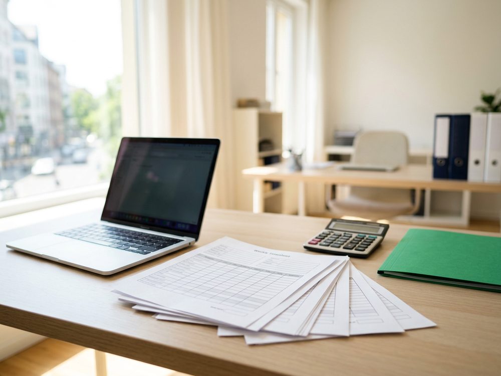 Printed timesheets with handwritten markups beside a laptop and calculator on a billing desk
